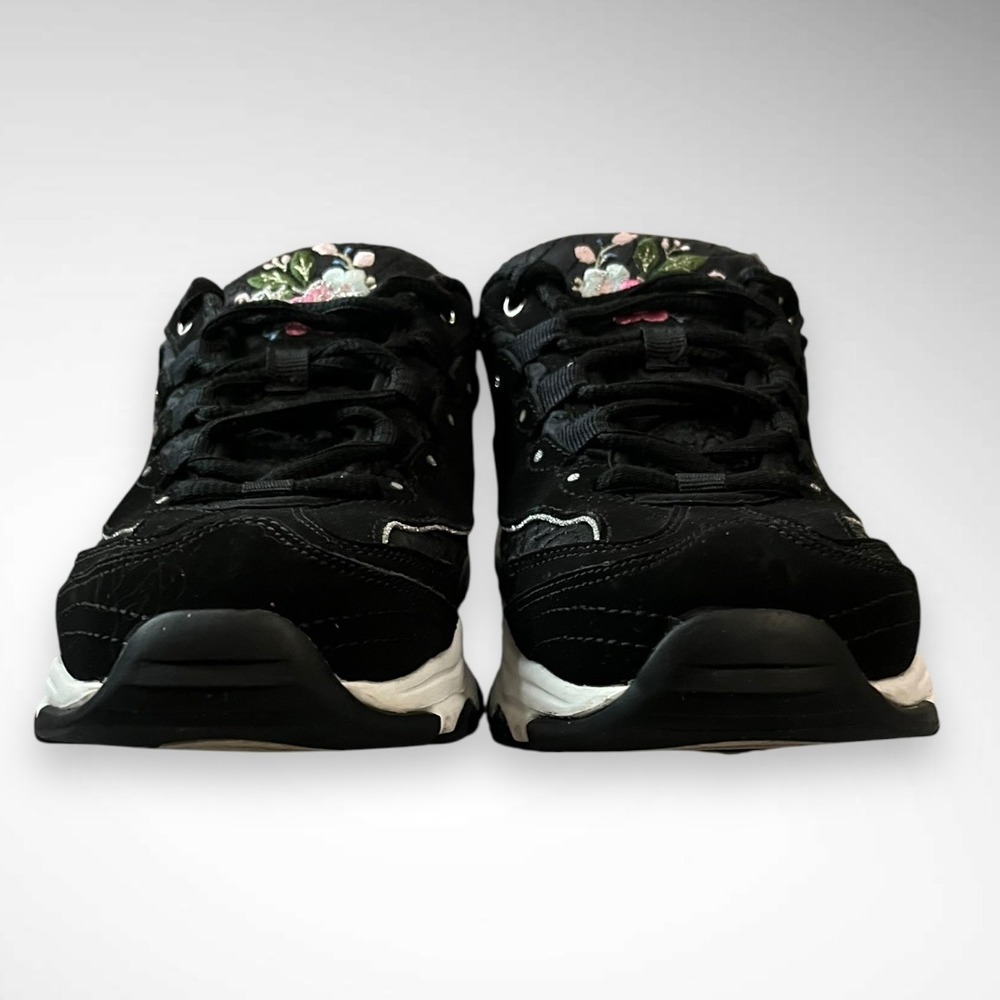 SKECHERS D'Lites Bright Blossoms Black Sneakers Floral‎ Embroidery Leather Upper - Picture 3 of 11